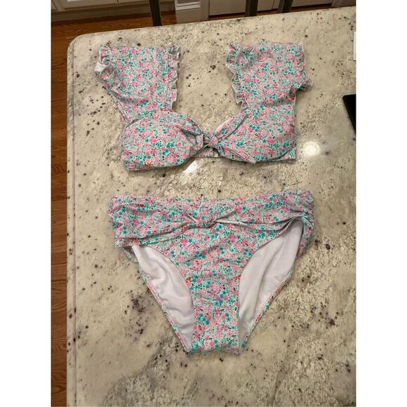 Pink Lily Light Blue Ditsy Floral Print Flutter Sleeve Bikini sz XL NWOT - Picture 2 of 10